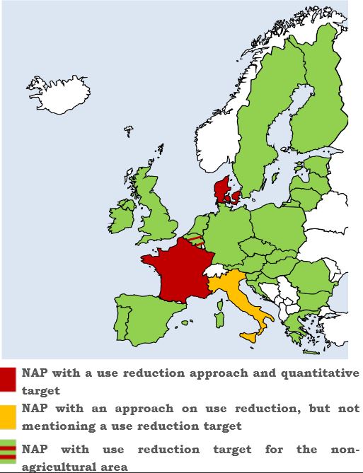 Objectifs des PAN dans l'UE en vert : objectifs de réduction des risques en rouge : objectifs de réduction des volumes
